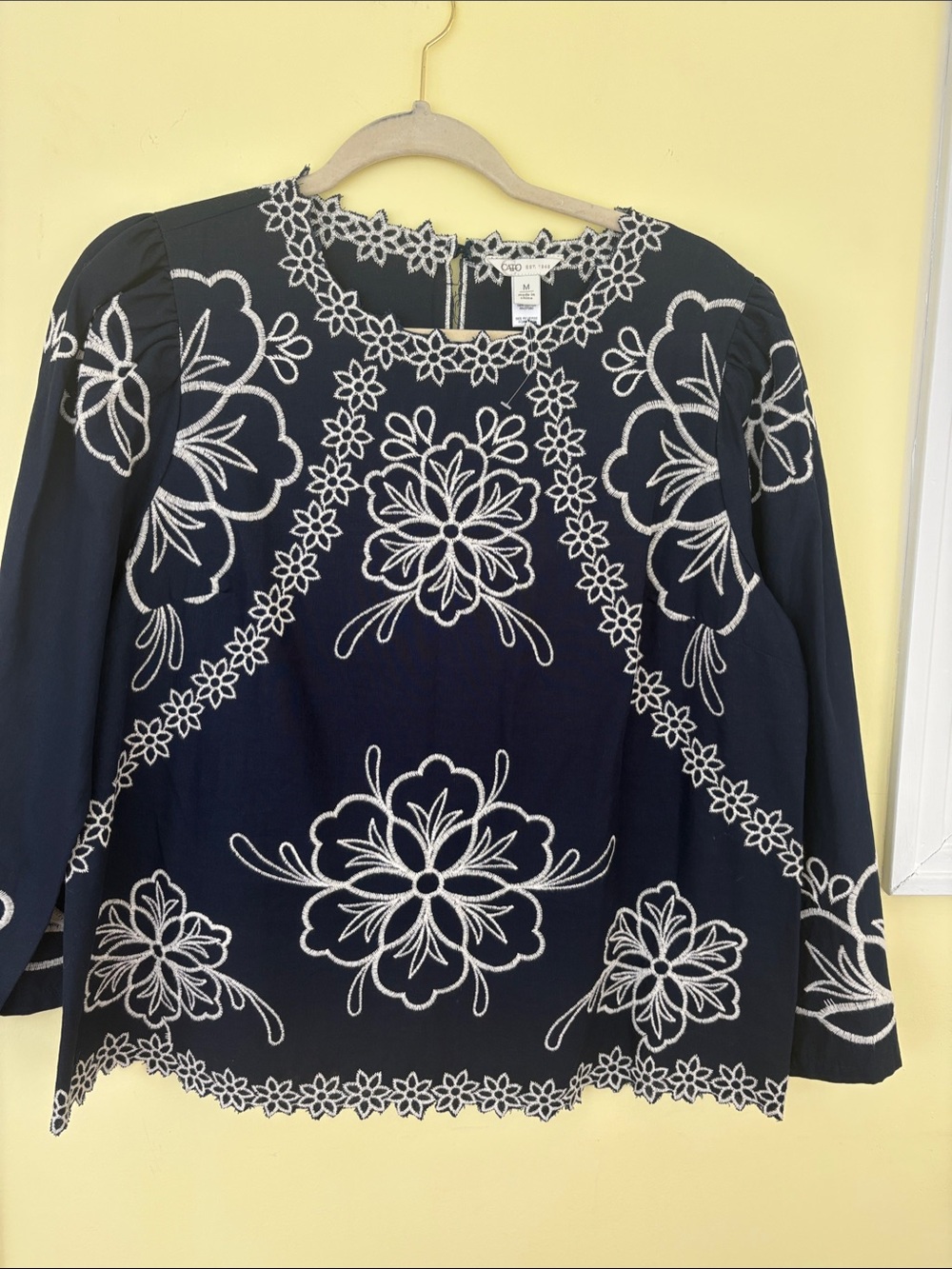 Cato Navy Blue Embroidered Floral Long-Sleeve Blouse